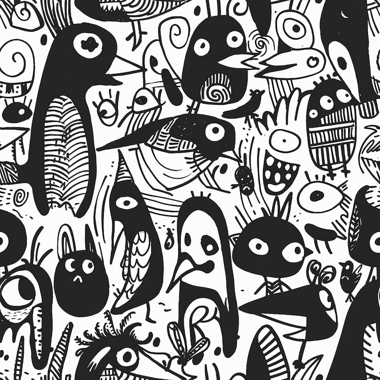 Photo un motif noir et blanc avec un dessin animé d'animaux et les mots " les créatures de la mer "