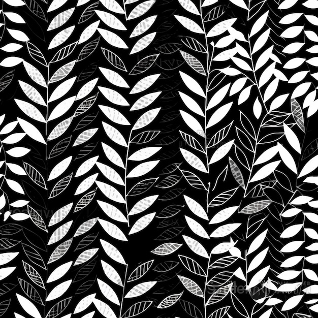 un motif noir et blanc avec des feuilles sur fond noir ai générative