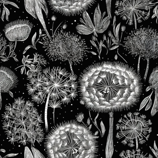 Un motif noir et blanc de pissenlits et d'autres plantes.