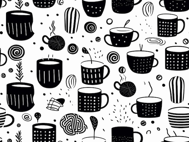 Un motif en noir et blanc de tasses et de soucoupes de café génératif ai