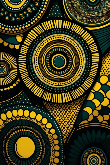 Un motif noir et jaune avec des cercles et des points.