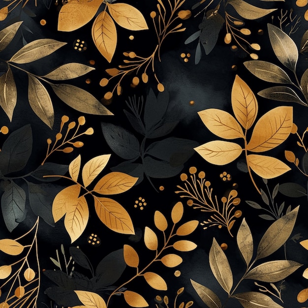 motif noir et or avec des feuilles et des fleurs générées ai