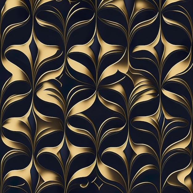 Un motif noir et or avec des feuilles et le mot " or " en bas.