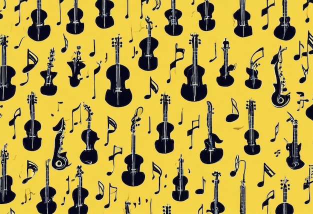 Un motif avec des notes de musique et des instruments sur un fond jaune