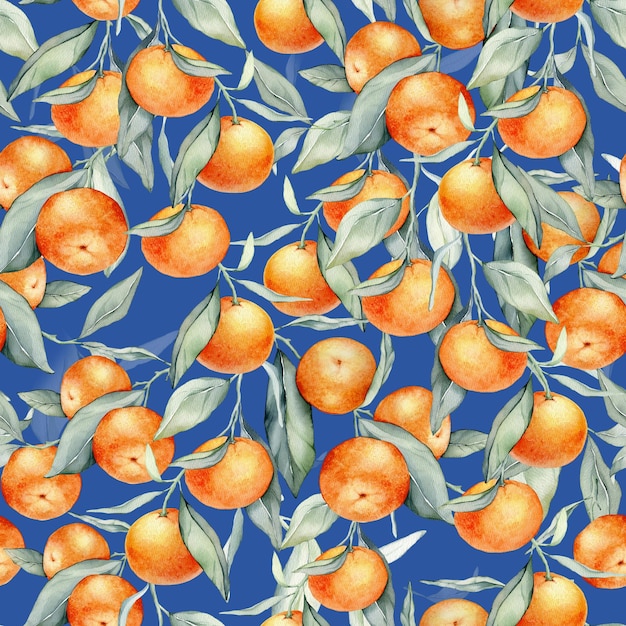 Un motif avec des oranges et des feuilles sur un fond bleu.