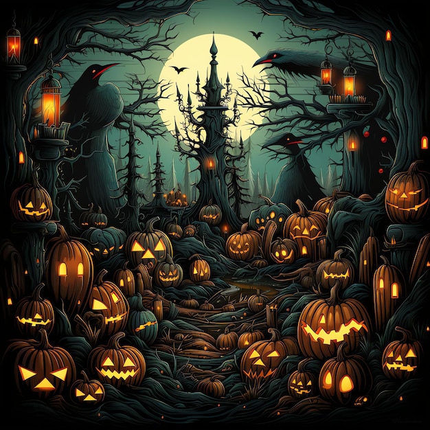 motif de papier peint halloween avec beaucoup d'éléments lumineux