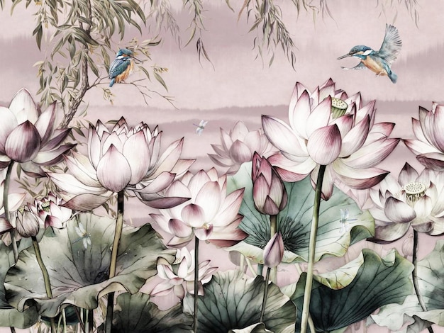 Motif de papier peint paysage de fleur de lotus avec martin-pêcheur avec