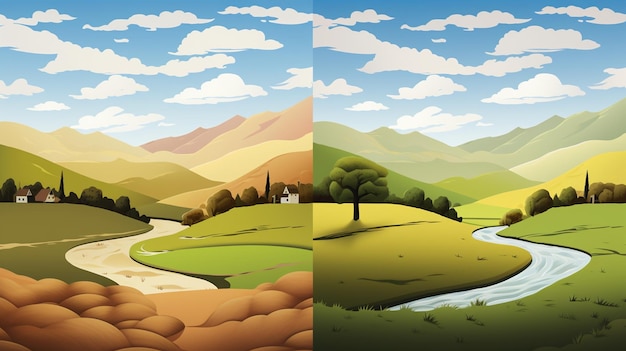 Motif de papier peint d'un paysage paisible au printemps avec des collines et des champs de cultures