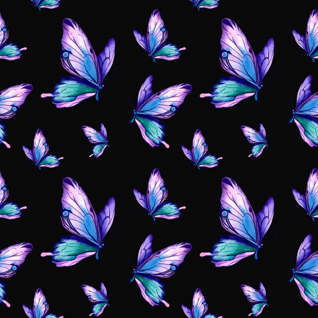 Un motif de papillons morpho Illustration à l'aquarelle sur un fond isolé Ailes multicolores violet rose Animaux de la faune