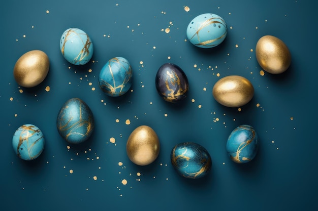 Motif de Pâques d'œufs bleus et dorés colorés Tradition religieuse Carte de vœux IA générative