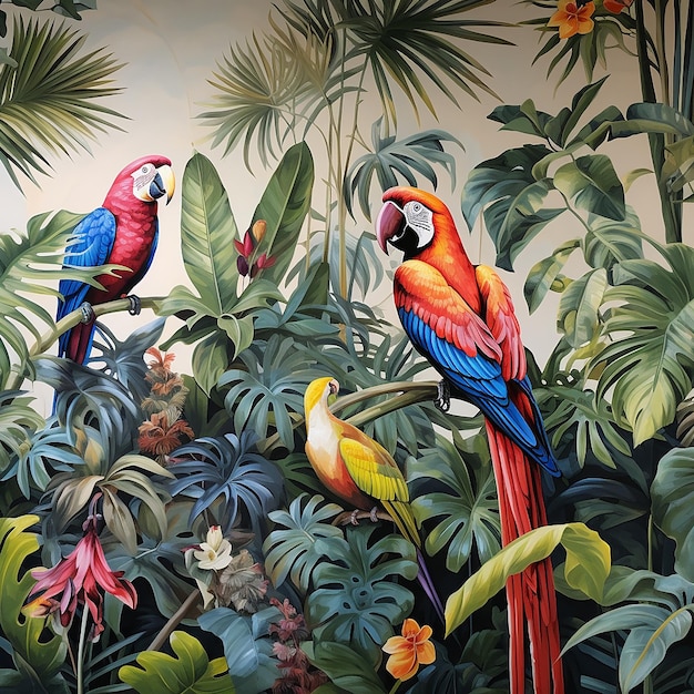 motif avec des plantes tropicales et des oiseaux perroquets feuilles de palmier et fleurs tropicales