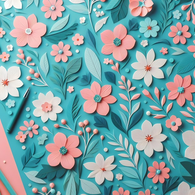 Photo un motif plat de fleurs sur une couleur bleu turquoise et rose