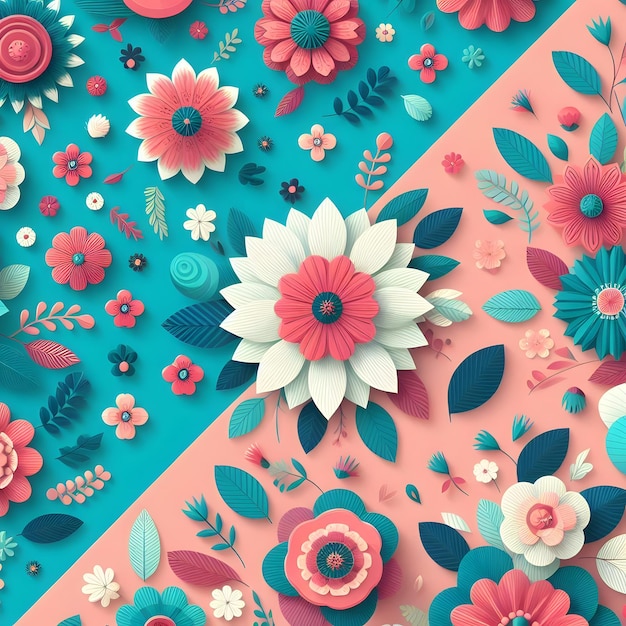 Photo un motif plat de fleurs sur une couleur bleu turquoise et rose