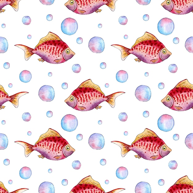 Motif poisson rouge et bulles aquarelles