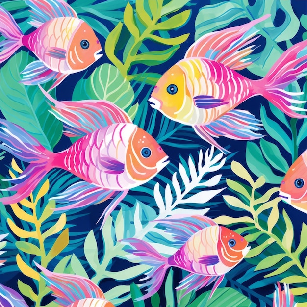 Motif de poisson tropical coloré avec des couleurs vives et des feuilles de palmier