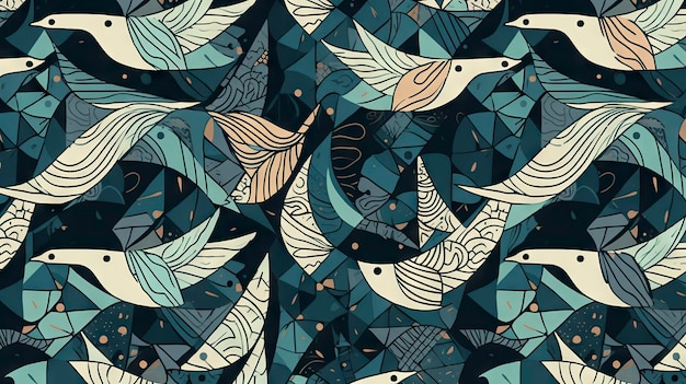 Un motif avec des poissons bleus et or sur fond sombre.