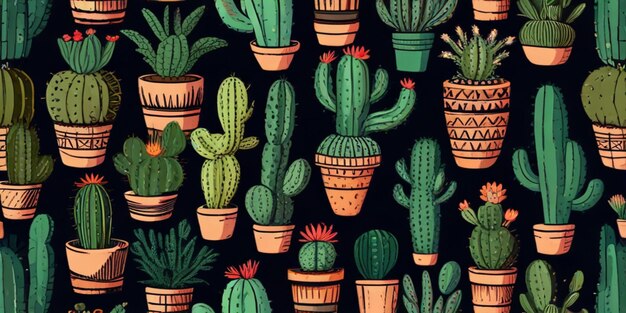 un motif de pots de cactus avec des fleurs et des plantes