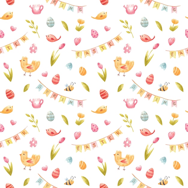 Motif de printemps harmonieux à l'aquarelle Illustration pour Pâques avec des oeufs colorés de tulipes d'abeilles arrosoir drapeaux de fête d'oiseau coeurs pour l'invintation de fête enfants décor design textile