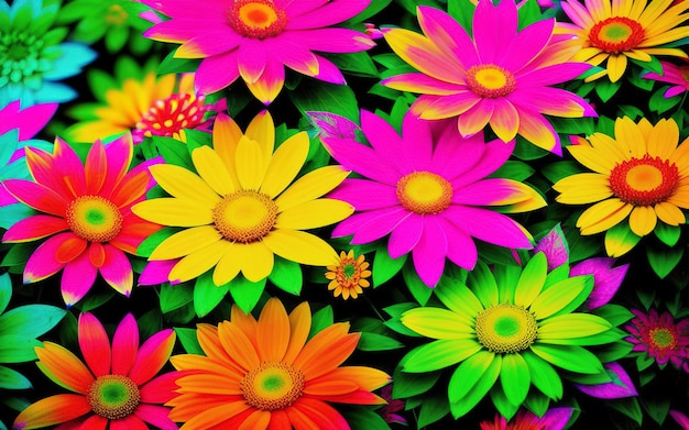 Motif psychédélique de fleurs acides colorées dans le style des années 70 IA générative