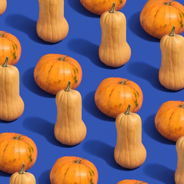 Motif réalisé avec différentes formes de citrouilles orange mûres sur fond bleu Fête thématique Halloween et beauté nature légume