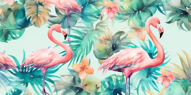 Motif répétitif de flamants roses et de palmiers à l'aquarelle, parfait pour une utilisation dans les maillots de bain ou la papeterie AI générative