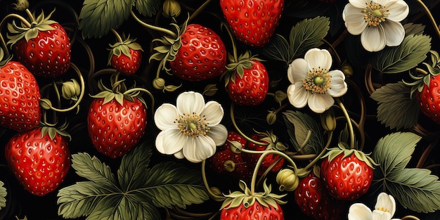 Un motif répétitif propre et sans couture de fraises avec une décoration florale avec des fleurs et des feuilles en arrière-plan