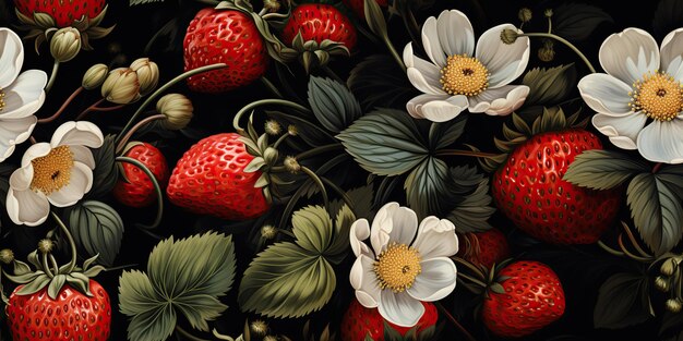Un motif répétitif propre et sans couture de fraises avec une décoration florale