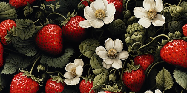 Un motif répétitif propre et sans couture de fraises avec une décoration florale