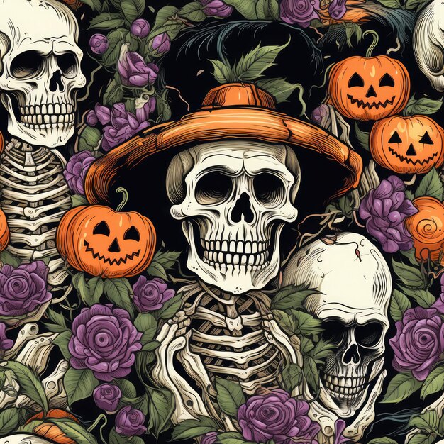 Un motif répétitif de squelette de sorcière d'Halloween coloré et de citrouille