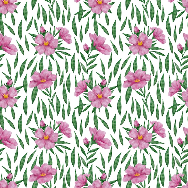 Motif de répétition floral rose aquarelle dessiné à la main avec des feuilles vertes