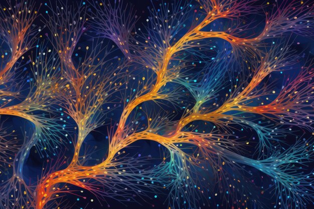 Photo motif de réseau neuronal inspiré de l'ia illustration 3d d'une cellule neuronale avec des particules lumineuses générées par l'ai