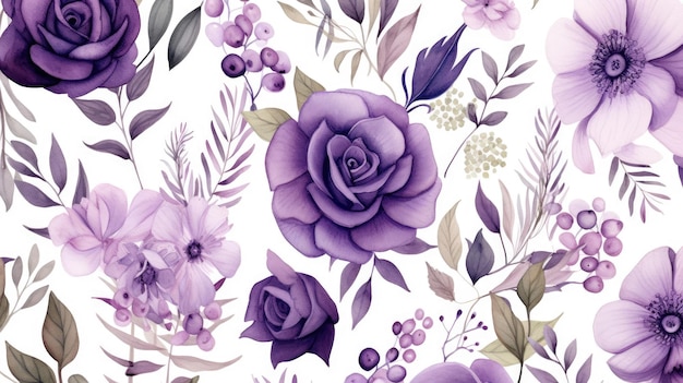 motif sans couture à l'aquarelle avec des fleurs violettes