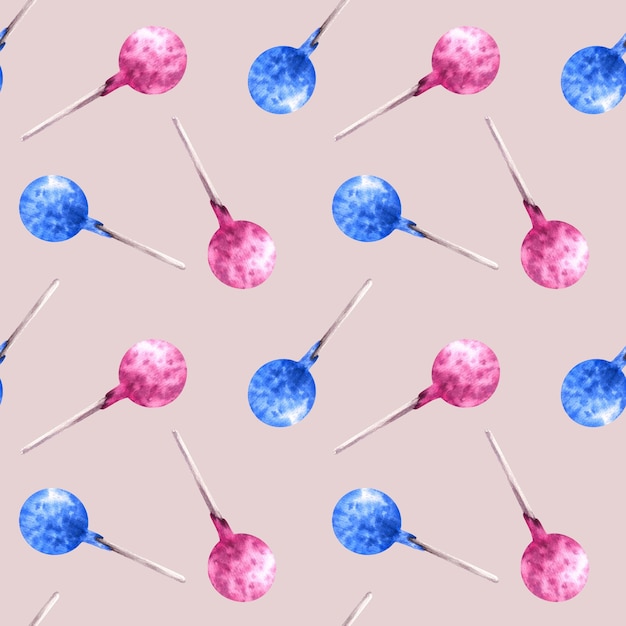 Motif sans couture à l'aquarelle avec des gâteaux pop roses et bleus dessinés à la main des bonbons de fête