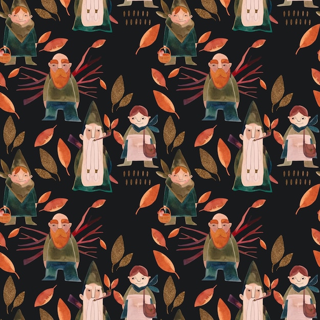 Photo motif sans couture en aquarelle avec des gnomes d'automne papier d'emballage saisonnier en automne illustration à raster pour l'emballage wallapers papier d'emballage textile fond noir