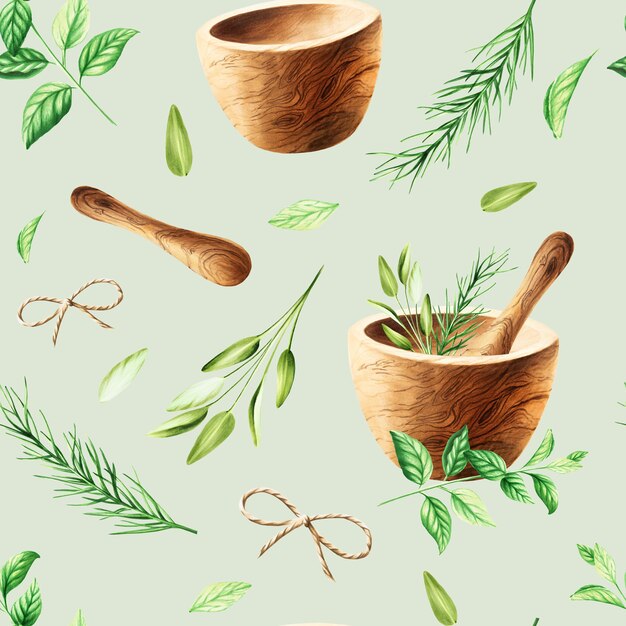 Motif sans couture à l'aquarelle avec des herbes aromatiques et du mortier et du pilon en bois Illustrations