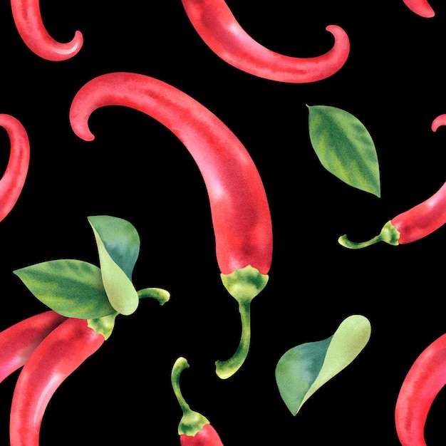 Motif sans couture à l'aquarelle avec des légumes rouge au piment chaud en gros plan sur un fond noir Des légumes sains Des plats épicés Illustration dessinée à la main Clipart pour les designers imprimé sur tissu