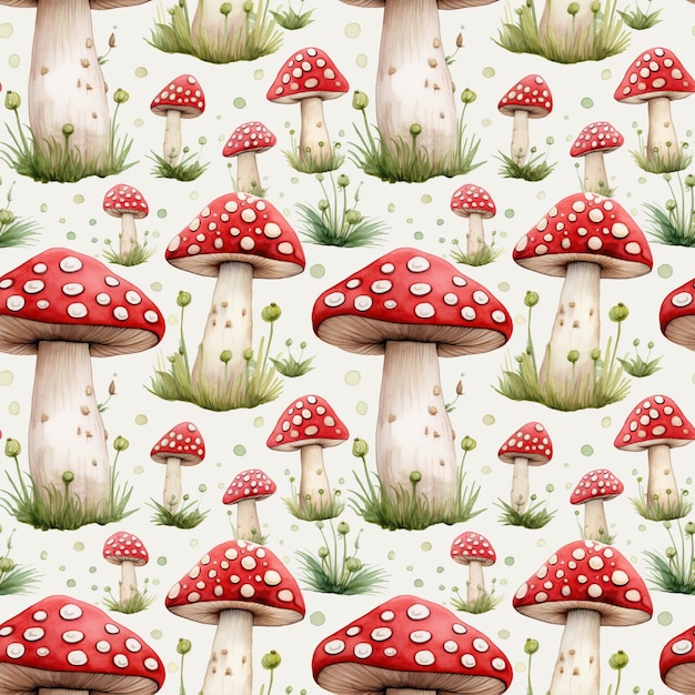 Photo le motif sans couture avec l'aquarelle mouche champignons agaric amanita muscaria