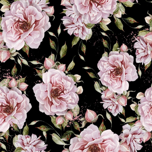 Motif sans couture à l'aquarelle avec des roses et des feuilles roses