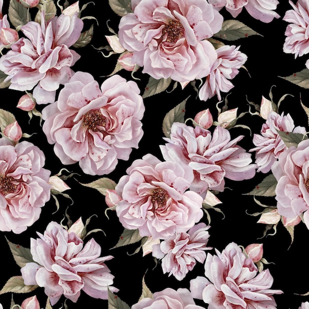 Motif sans couture à l'aquarelle avec des roses et des feuilles roses