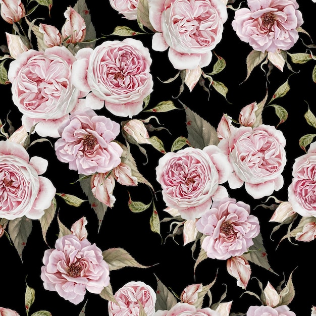 Motif sans couture à l'aquarelle avec des roses et des feuilles roses