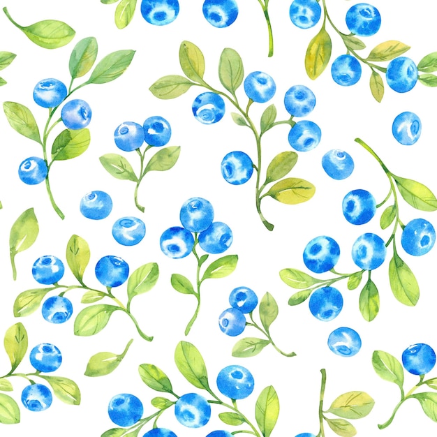 Photo motif sans couture avec des bleuets à l'aquarelle et des feuilles illustration à l'aquarelle dessinée à la main