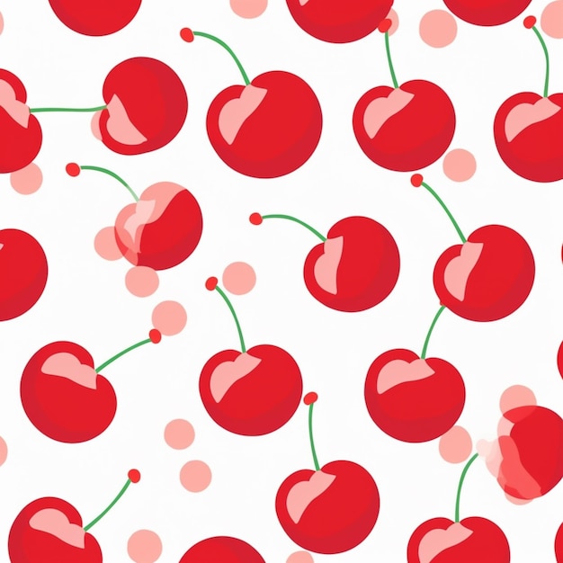 Photo motif sans couture de cerises rouges avec des points roses sur un fond blanc