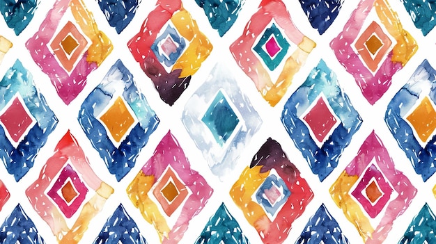 Ce motif sans couture combine le Boho Ikat avec des formes géométriques abstraites de diamants dans une combinaison de couleurs vives