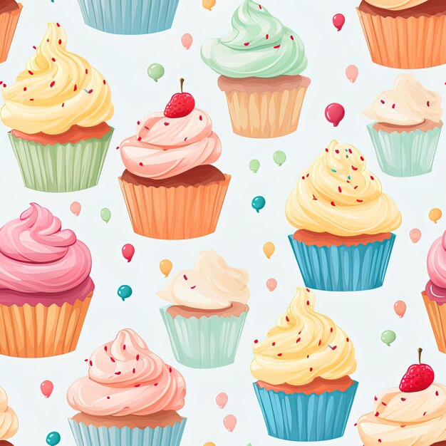 Photo motif sans couture de cupcakes délicieux et sucrés avec de la crème dans des couleurs pastel sur fond blanc