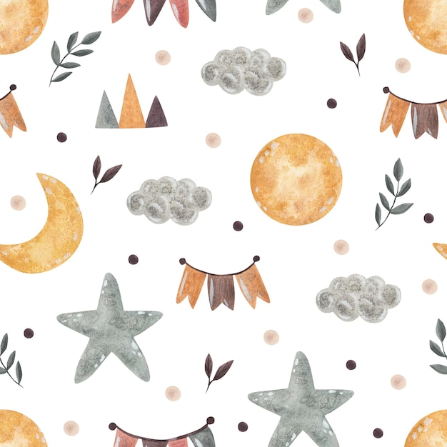 Motif sans couture dans le style boho des enfants croissant de lune étoile illustration à l'aquarelle