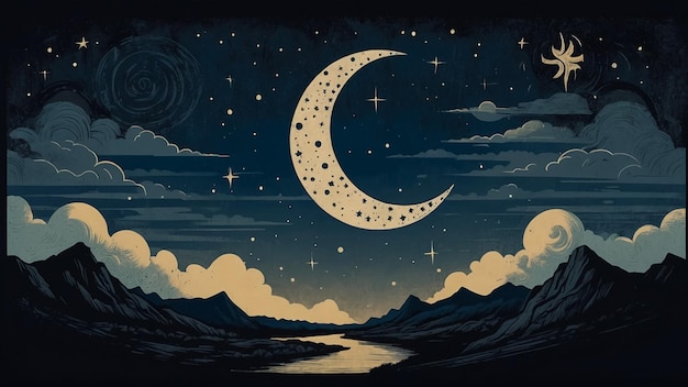 Motif sans couture dessiné à la main avec des nuages, des étoiles de lune, un fond nocturne étoilé vectoriel et la lumière de la lune