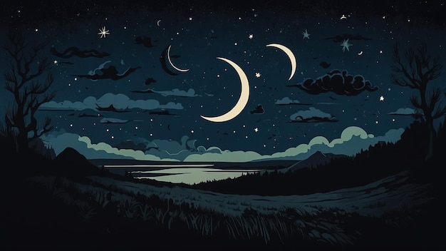 Motif sans couture dessiné à la main avec des nuages, des étoiles de lune, un fond nocturne étoilé vectoriel et la lumière de la lune