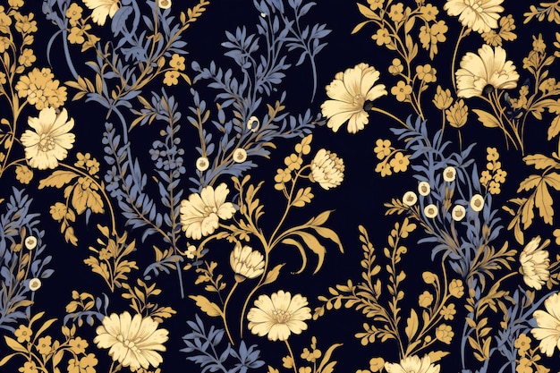 Motif sans couture avec des fleurs dans le style rétro sur fond bleu foncé