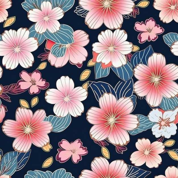 Un motif sans couture avec des fleurs et des feuilles roses et bleues sur un fond bleu foncé.