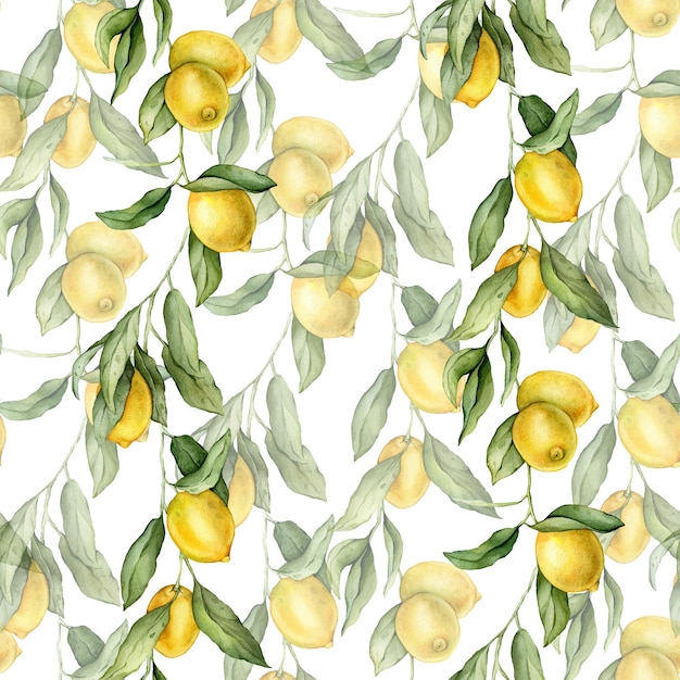 Motif sans couture avec illustration à l'aquarelle d'une branche de citron peinte à la main avec du vert